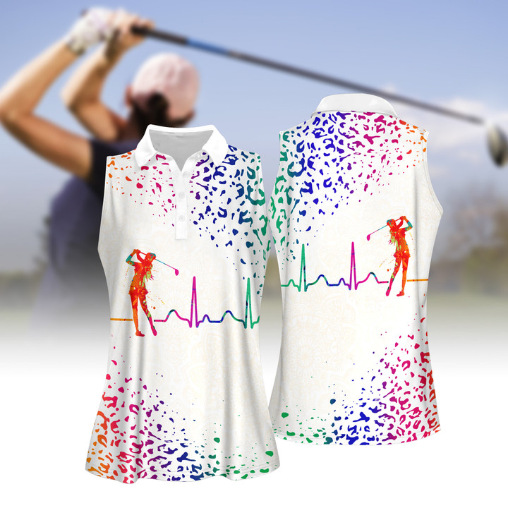 Watercolor Leopard Golf Heart Beat Women Short Sleeve Polo Shirt, Sleeveless Polo Shirt