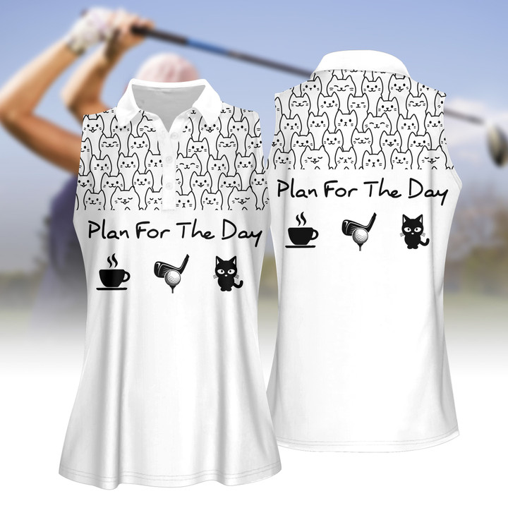 Plan For The Day Coffee, Golf And Cat V2 WOMEN SHORT SLEEVE POLO SHIRT, SLEEVELESS POLO SHIRT