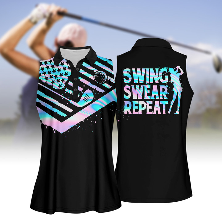 Hologram Swing Swear Repeat Women Polo Shirt, Sleeveless Polo Shirt