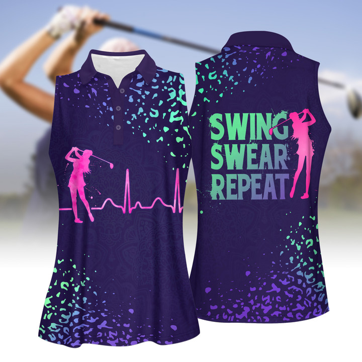 Gradient Leopard Swing Swear Repeat Golf Clubs Women Polo Shirt, Sleeveless Polo Shirt