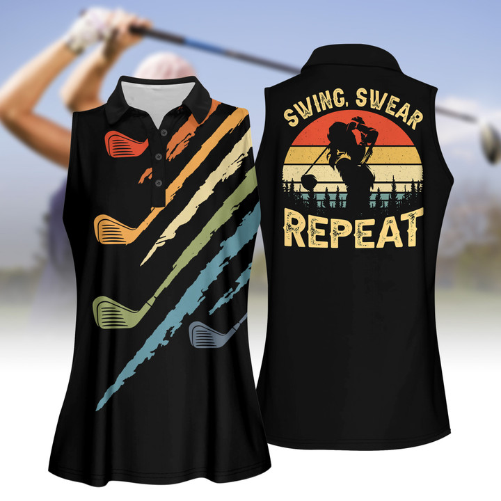 Retro Style Swing Swear Repeat Women Polo Shirt, Sleeveless Polo Shirt