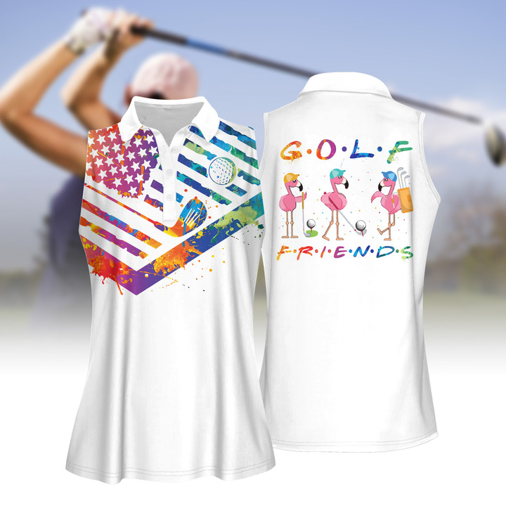 Watercolor America Flag Golf Friends Women Short Sleeve Polo Shirt, Sleeveless Polo Shirt