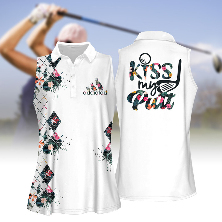 Tropical Flower Argyle Style Kiss My Putt Women Short Sleeve Polo Shirt, Sleeveless Polo Shirt, Golf Skort