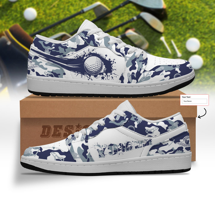 PERSONALIZED BLUE AND WHITE CAMOUFLAGE AJ LOW TOP SHOES