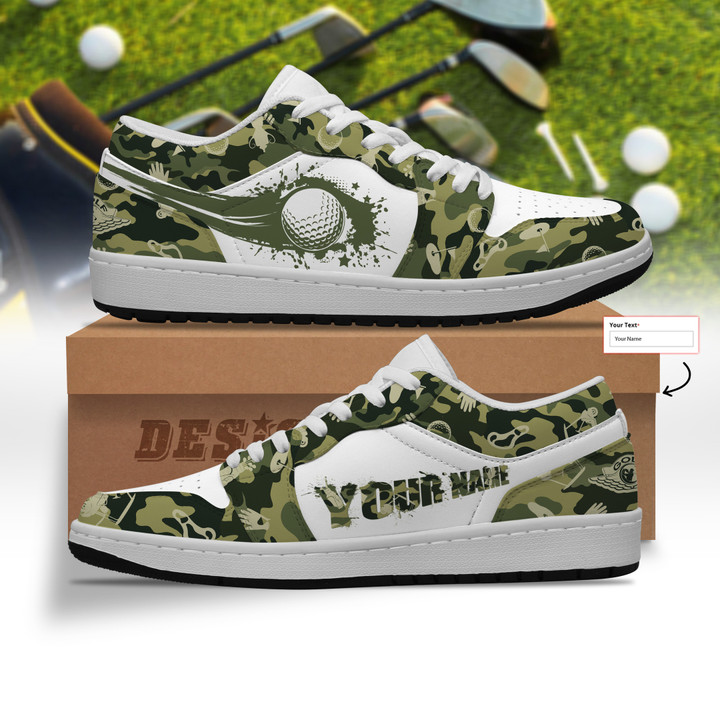 PERSONALIZED GREEN CAMOUFLAGE AJ LOW TOP SHOES