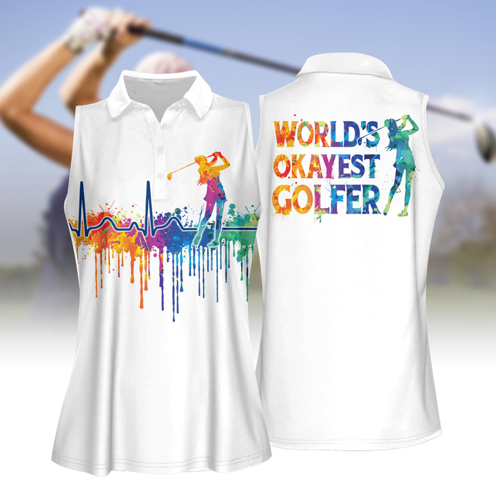 Watercolor Golf Heart Beat World's Okayest Golfer Women Short Sleeve Polo Shirt, Sleeveless Polo Shirt, Golf Skort, Golf Cap
