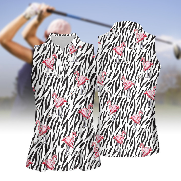 Seamless Flamingo Golf Zebra Background Women Short Sleeve Polo Shirt, Sleeveless Polo Shirt, Golf Skort, Golf Cap
