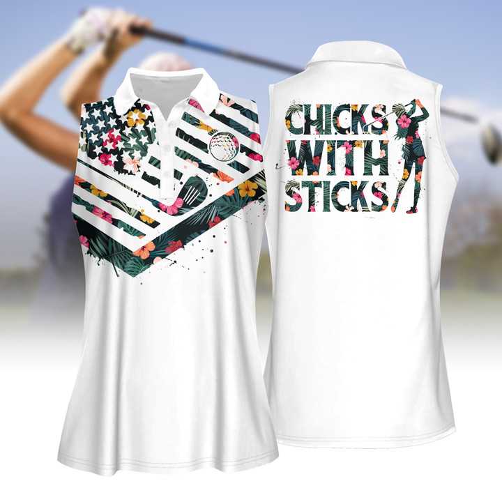 Tropical Flower Chicks With Sticks Women Short Sleeve Polo Shirt, Sleeveless Polo Shirt, Golf Skort, Golf Cap
