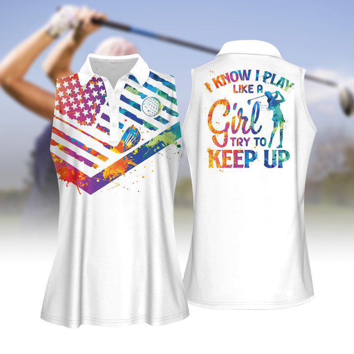Watercolor American Flag Try To Keep Up Women Short Sleeve Polo Shirt, Sleeveless Polo Shirt, Golf Skort, Golf Cap