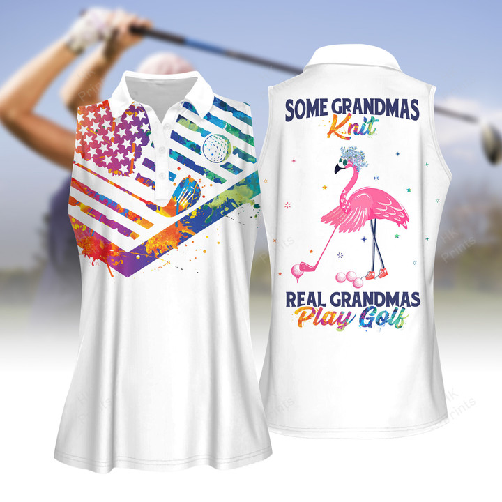 Watercolor American Flag Flamingo Some Grandmas Knit Real Grandmas Golf Women Short Sleeve Polo Shirt, Sleeveless Polo Shirt, Golf Skort, Golf Cap