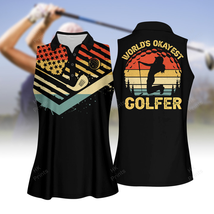 Retro Style WORLD'S OKAYEST GOLFER Women Short Sleeve Polo Shirt, Sleeveless Polo Shirt, Golf Skort, Golf Cap