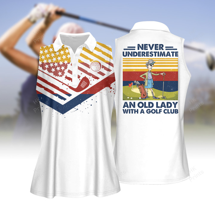 Retro Style Never Underestimate An Old Lady With A Golf Club Women Short Sleeve Polo Shirt, Sleeveless Polo Shirt, Golf Skort, Golf Cap