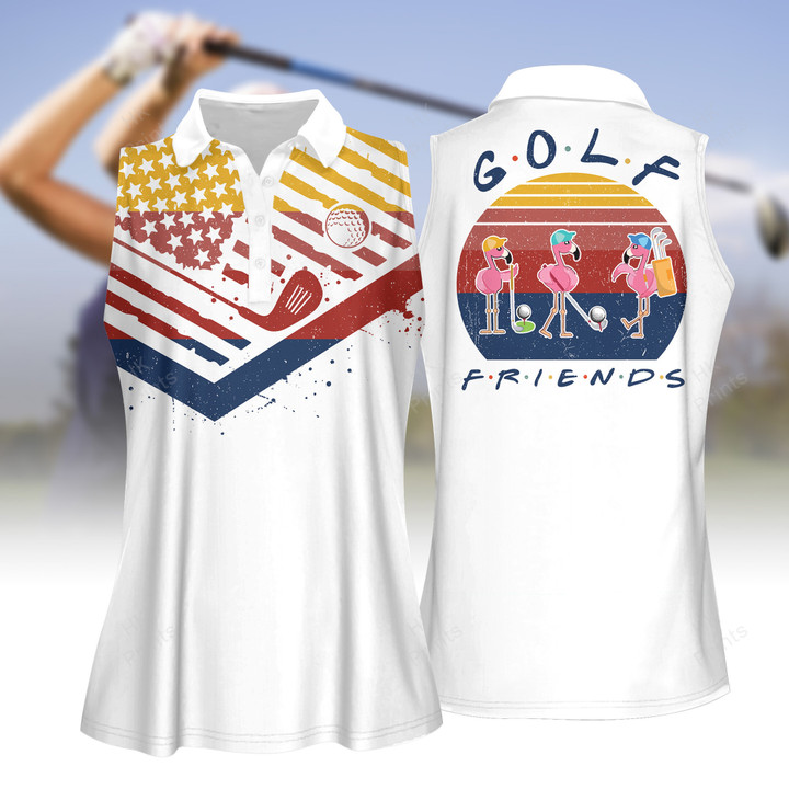 Retro Golf Friends Flamingo Women Short Sleeve Polo Shirt, Sleeveless Polo Shirt, Golf Skort, Golf Cap