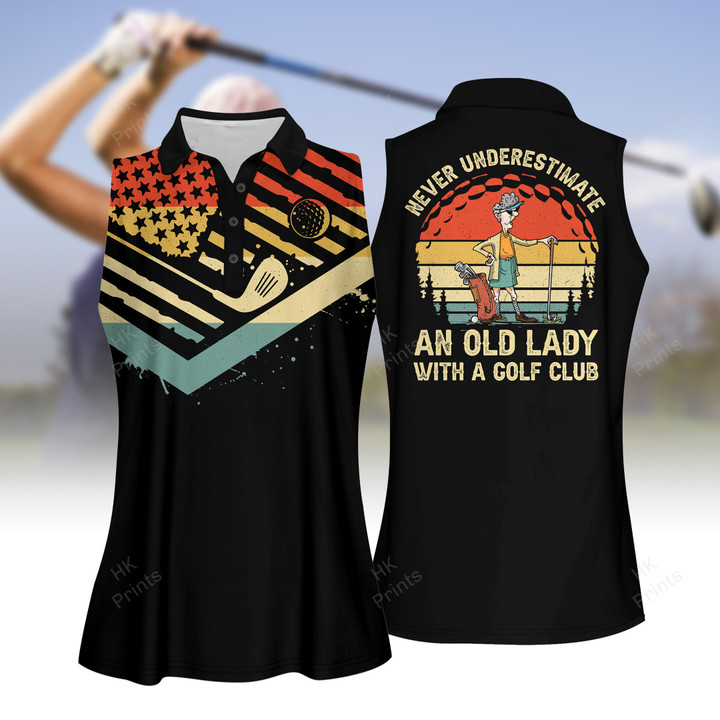 Retro Style American Flag Never Underestimate An Old Lady With A Golf Club Women Short Sleeve Polo Shirt, Sleeveless Polo Shirt, Golf Skort, Golf Cap