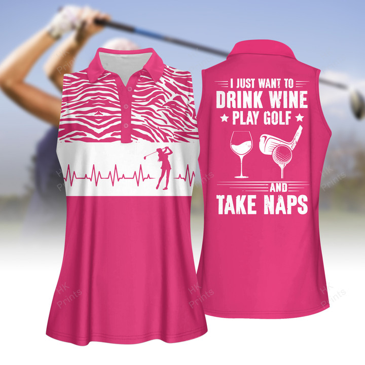 Golf Heart Beat I Just Want To Drink Wine Play Golf And Take Naps Women Short Sleeve Polo Shirt, Sleeveless Polo Shirt, Golf Skort, Golf Cap