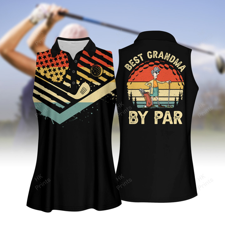 Retro Style American Flag Black Ground Best Grandma By Par Women Short Sleeve Polo Shirt, Sleeveless Polo Shirt, Golf Skort, Golf Cap