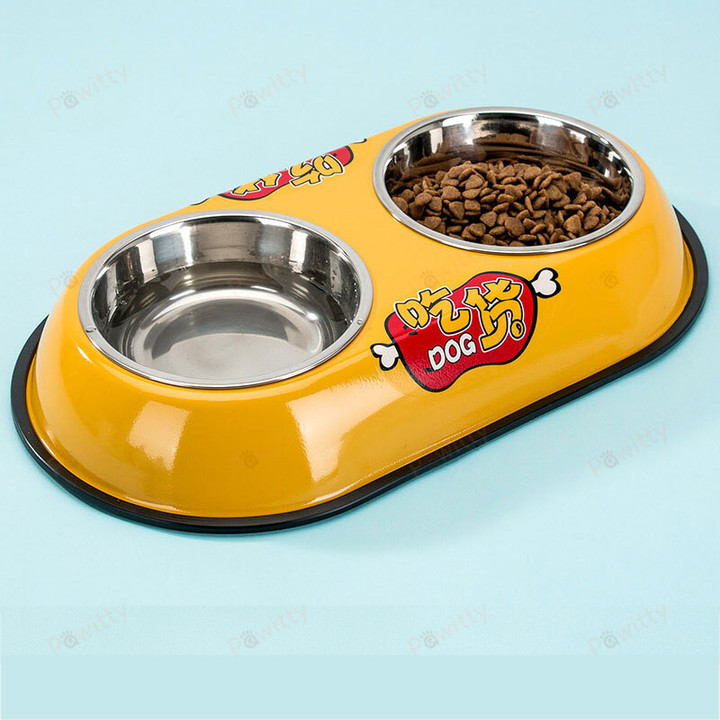 Stainless Steel Pet Double Bowl Cartoon Cat Bowl Teddy Dog Split Design Dog Basin Pet Feeding Supplies