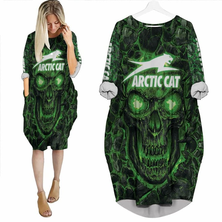 Arctic Cat Green Flame Skull 3D T Shirt Hoodie Sweater Jersey Batwing Pocket Dress Model A29402