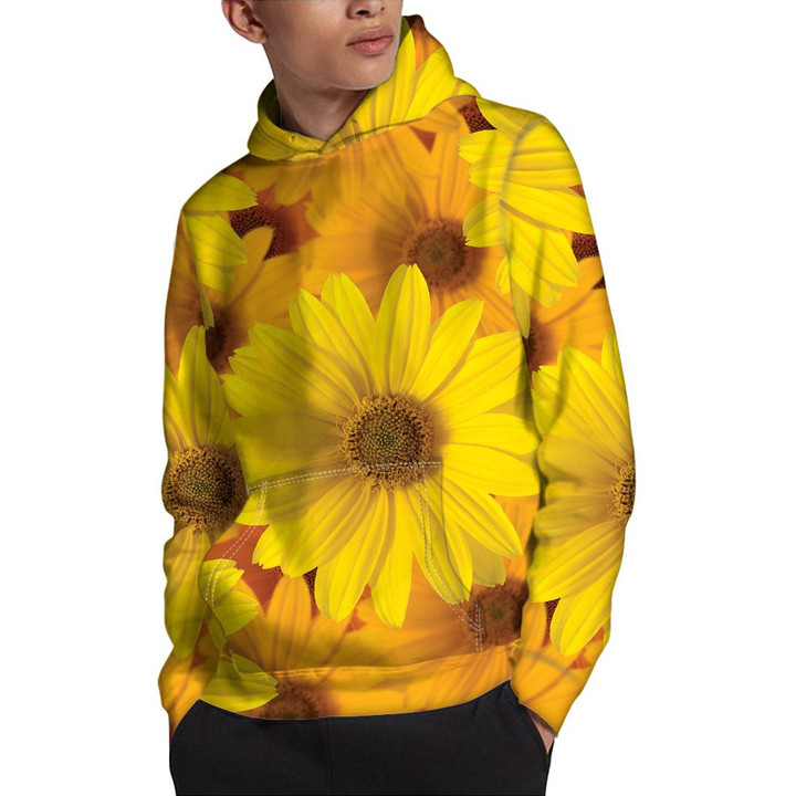 Yellow Daisy Flower Print Pullover Hoodie