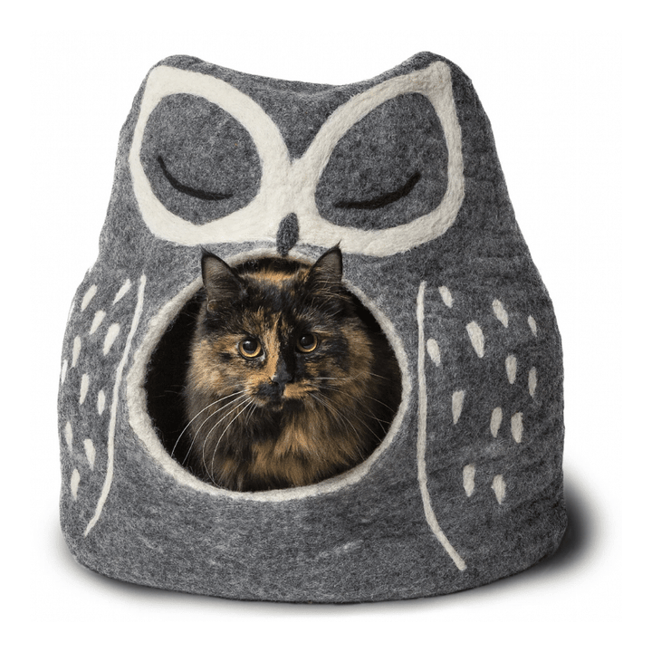 Dharma Dog Karma Cat Grey Owl Wool Pet Cave, 14" L X 12" W X 14" H