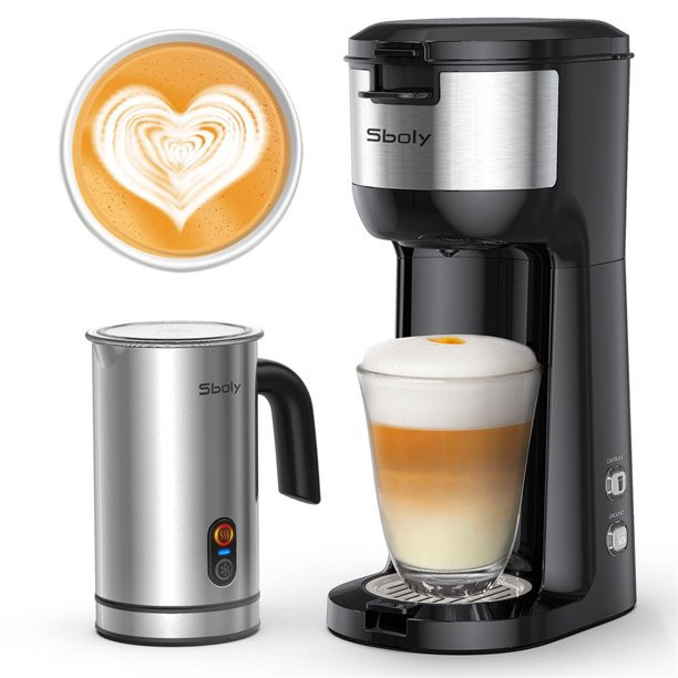 Sboly Single Serve Coffee Maker With Milk Frother, Cappuccino And Latte Machine, Black