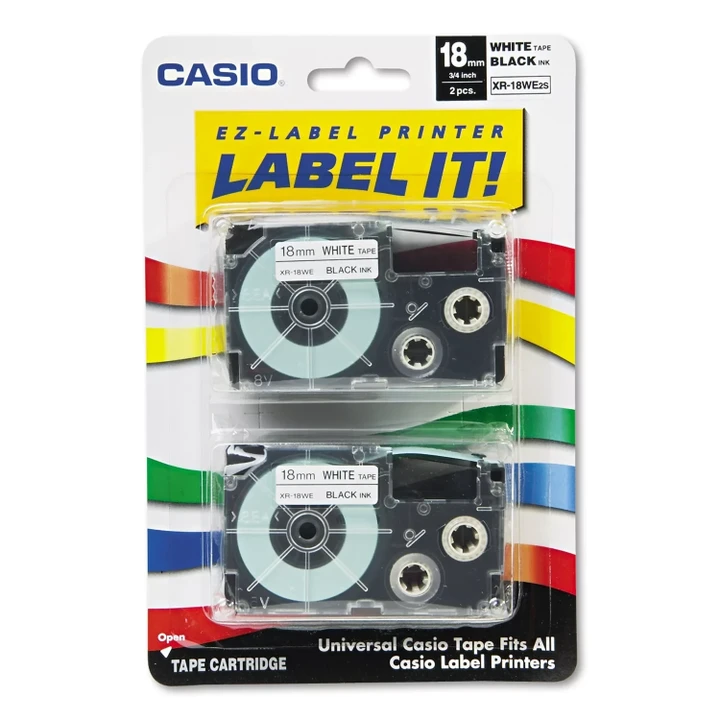 Casio - Tape Cassettes For KL Label Makers, 18mm x 26ft, Black On White - 2/Pack