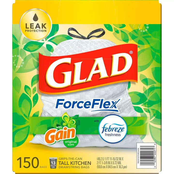 [SET OF 2] - Glad ForceFlex Tall Kitchen Drawstring White Trash Bags, Gain Original Scent with Febreze Freshness (13 gal., 150 ct.)