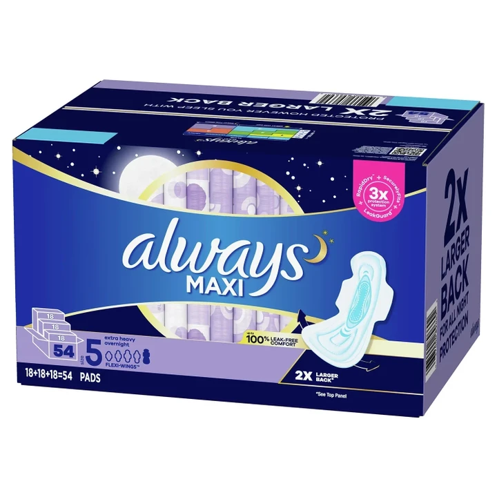 [SET OF 3] - Always Maxi Pads Size 5 Overnight Absorbency Unscented with Wings (54 ct./pk.), Pack of 3