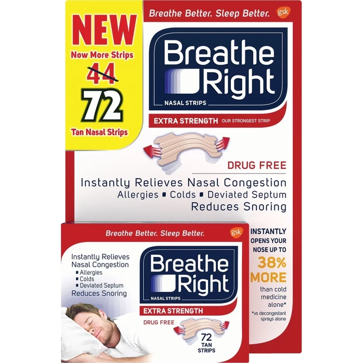 [SET OF 2] - Breathe Right Nasal Strips, Extra Strength Tan, Help Stop Snoring, For Sensitive Skin (72 ct./pk.)