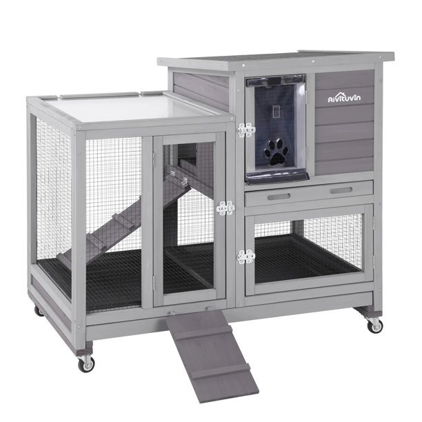 Aivituvin Large Indoor Rabbit Hutch Outdoor Bunny Cage with Slide Tray-Gray