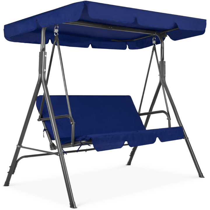 Best Choice Products 3-Person Outdoor Large Convertible Canopy Swing Glider Lounge Chair w/ Removable Cushions, Navy Blue
