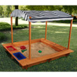 Kidkraft Outdoor Covered Wooden Sandbox With Bins And Striped Navy & White Canopy