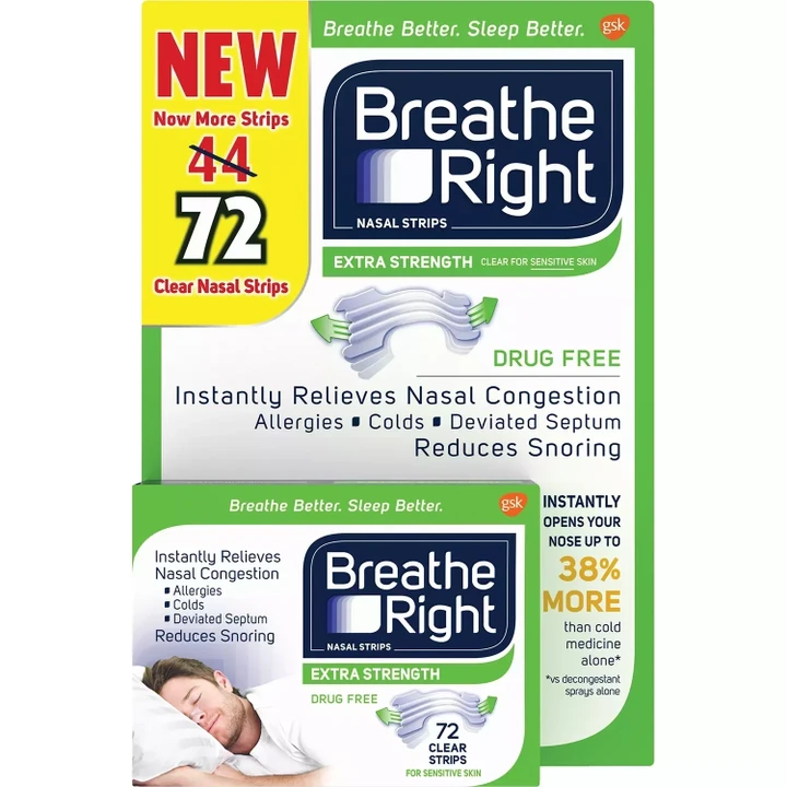 [SET OF 2] - Breathe Right Nasal Strips, Extra Strength Clear, Help Stop Snoring, For Sensitive Skin (72 ct./pk.)