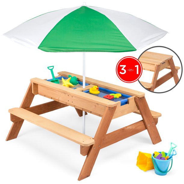 Best Choice Products Kids 3-in-1 Outdoor Convertible Wood Activity Sand & Water Picnic Table, Green
