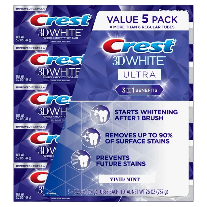[SET OF 3] - Crest 3D White Ultra Fluoride Anticavity Toothpaste, Vivid Mint (5.2 oz., 5 pk/set)