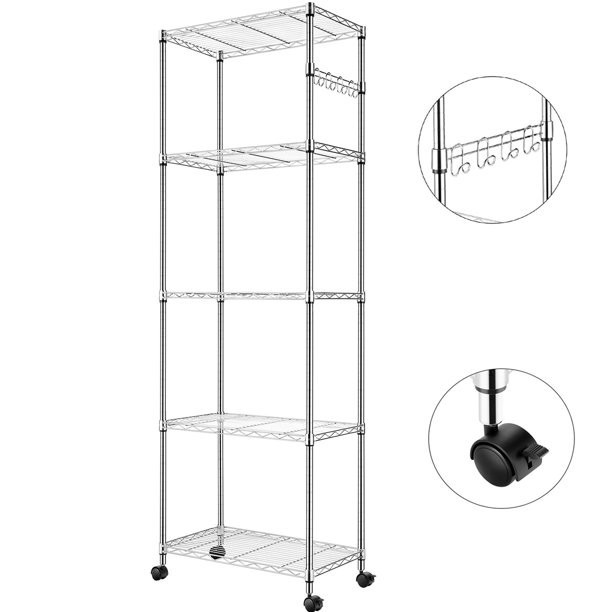 Devo 5-Tier Shelf Wire Shelving Racks With Casters Hooks Kitchen Steel Storage Shelf Rack, Silver