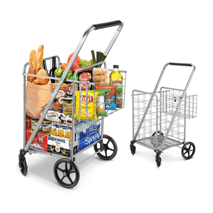 Winkeep Jumbo Double Basket Grocery Cart Folding Shopping Cart