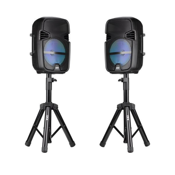 QFX Twin Wireless Bluetooth Speakers, 8-Inch Tall, Includes 2 Stands and 2 Microphones, Black