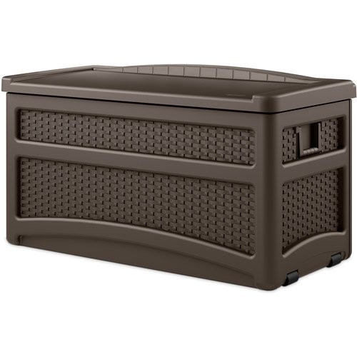 Suncast Outdoor 73 Gallon Resin and Wicker Deck Box with Seat, Java Brown