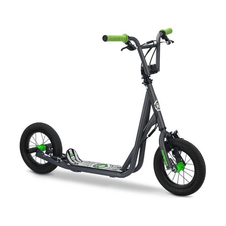 Mongoose Expo Youth Scooter, Front And Rear Caliper Brakes, 12-Inch Inflatable Wheels, Green/Grey
