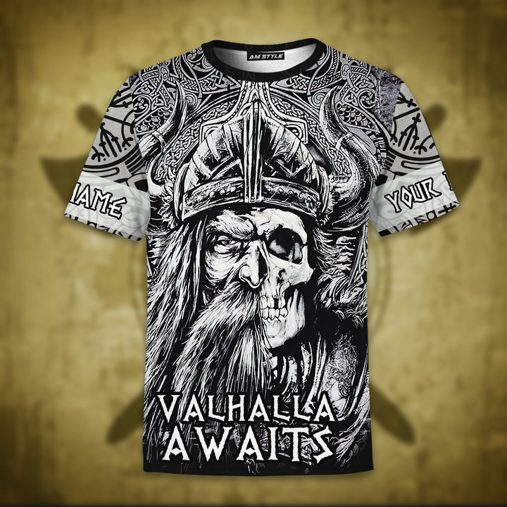 Viking Half Face Half Skull Valhalla Awaits Customized All Over Print Shirts