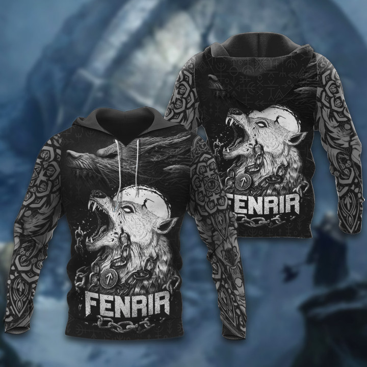 Viking Old Norse Fenrir The Mighty Wolf Art All Over Print Hoodie