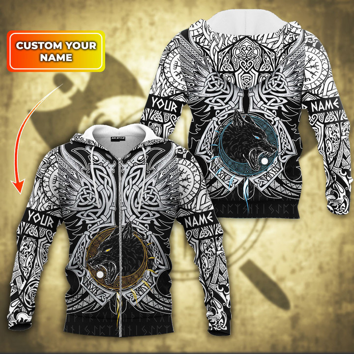 Viking Old Norse Tattoo Art Fenrir Wolf Of Odin Sun And Moon Customized All Over Print Zip Hoodie