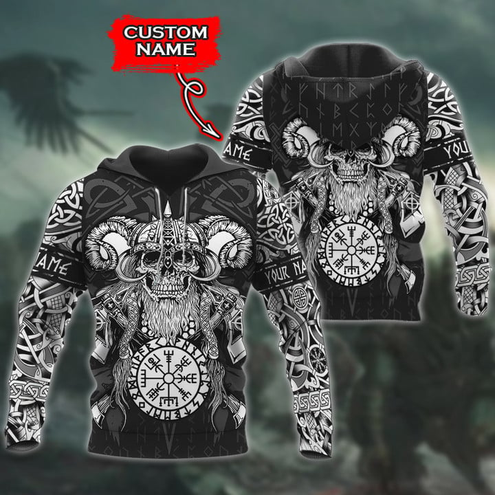Viking Old Skull Art And Vegvisir Nordic Symbol Customized All Over Print Hoodie