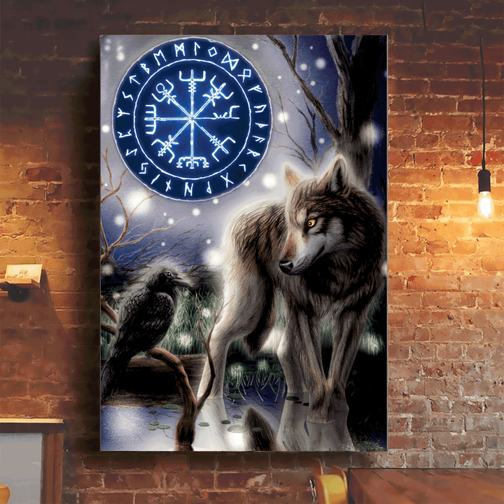 Viking Old Norse Wolf And Raven Of Odin Vegvisir All Over Print Canvas