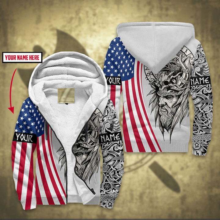 American Flag Curves With Viking Warrior Raven And Vegvisir Customized All Over Print Fleece Zip
