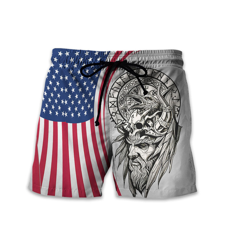 American Flag Curves With Viking Warrior Raven And Vegvisir Customized All Over Print Short Pant