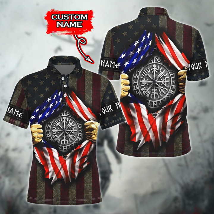 American Flag Torn Out With Viking Symbol Vegvisir Customized All Over Print Polo