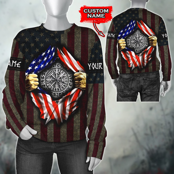 American Flag Torn Out With Viking Symbol Vegvisir Customized All Over Print Sweatshirt
