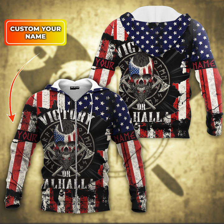American Viking Cracked Flag Victory Or Valhalla Skull Customized All Over Print Zip Hoodie